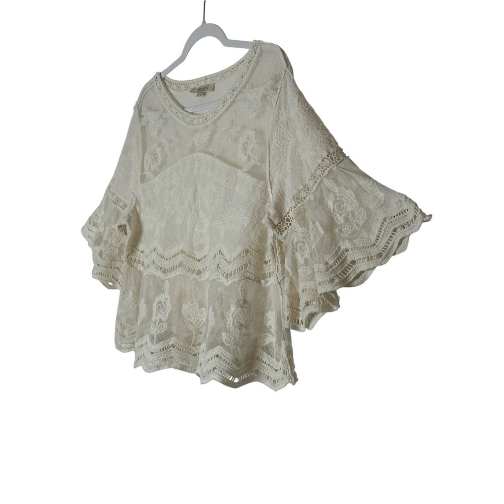 Rebellion Again Top Womens Medium Beige Mesh Floral Embroidered Lace Boho Beach - Picture 6 of 9